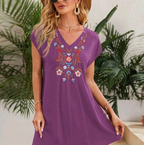 Women's purple embroidery swim cover dress - Picture 3 of 7